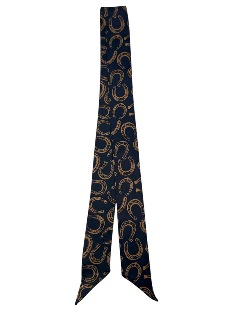 Black Silk Twilly Scarf with Tan Horseshoe Pattern