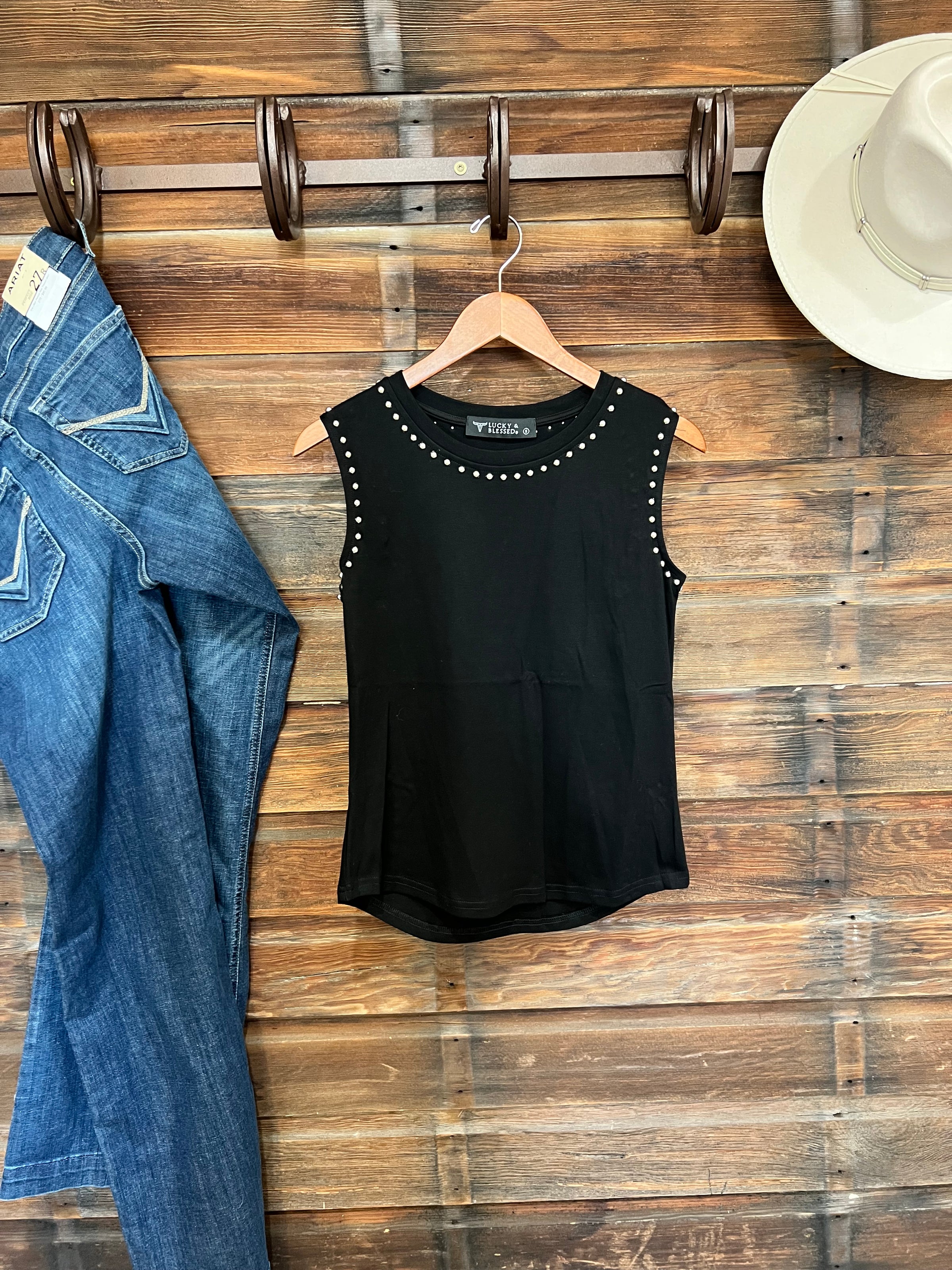 Black Vintage Silver Studded Tank Top