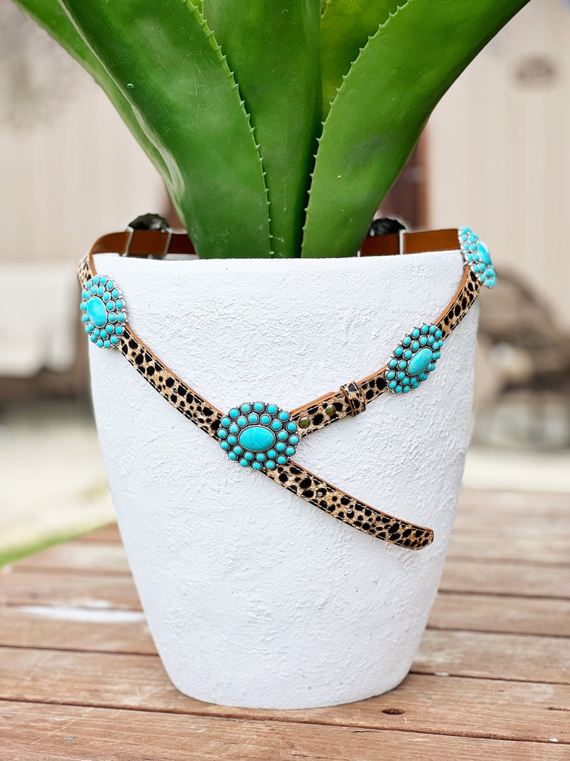 The Turquoise Concho Belt in Leopard