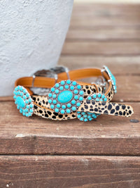 The Turquoise Concho Belt in Leopard