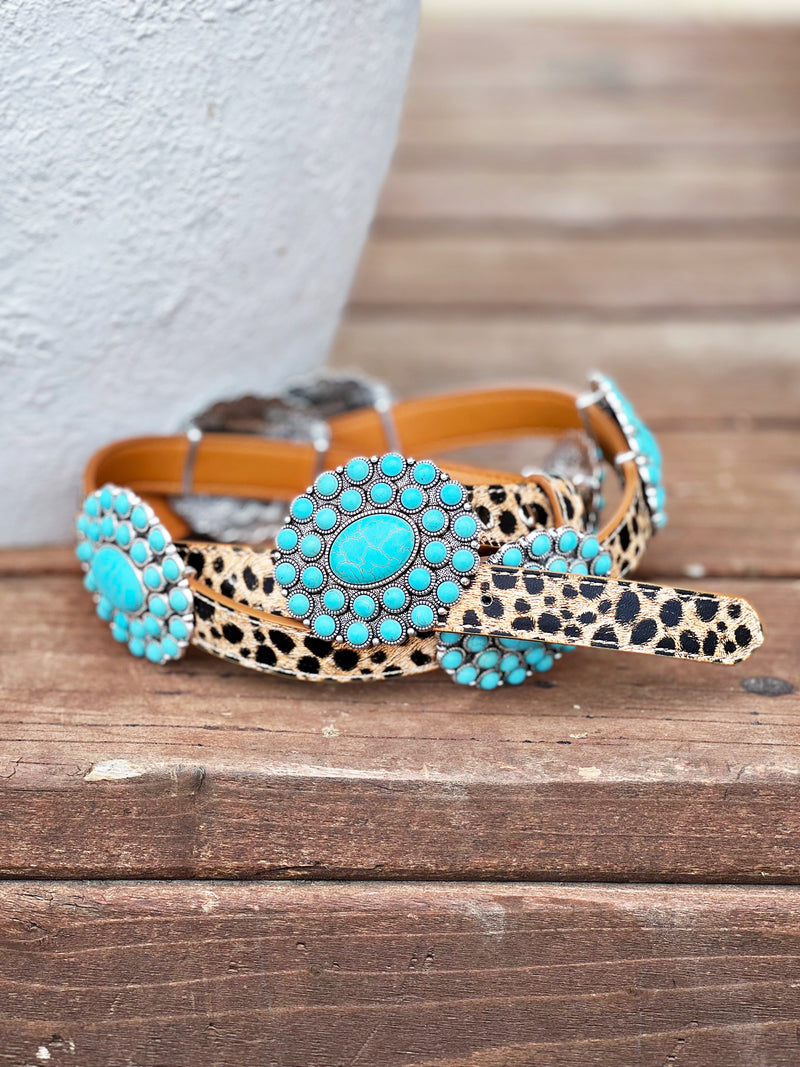 The Turquoise Concho Belt in Leopard