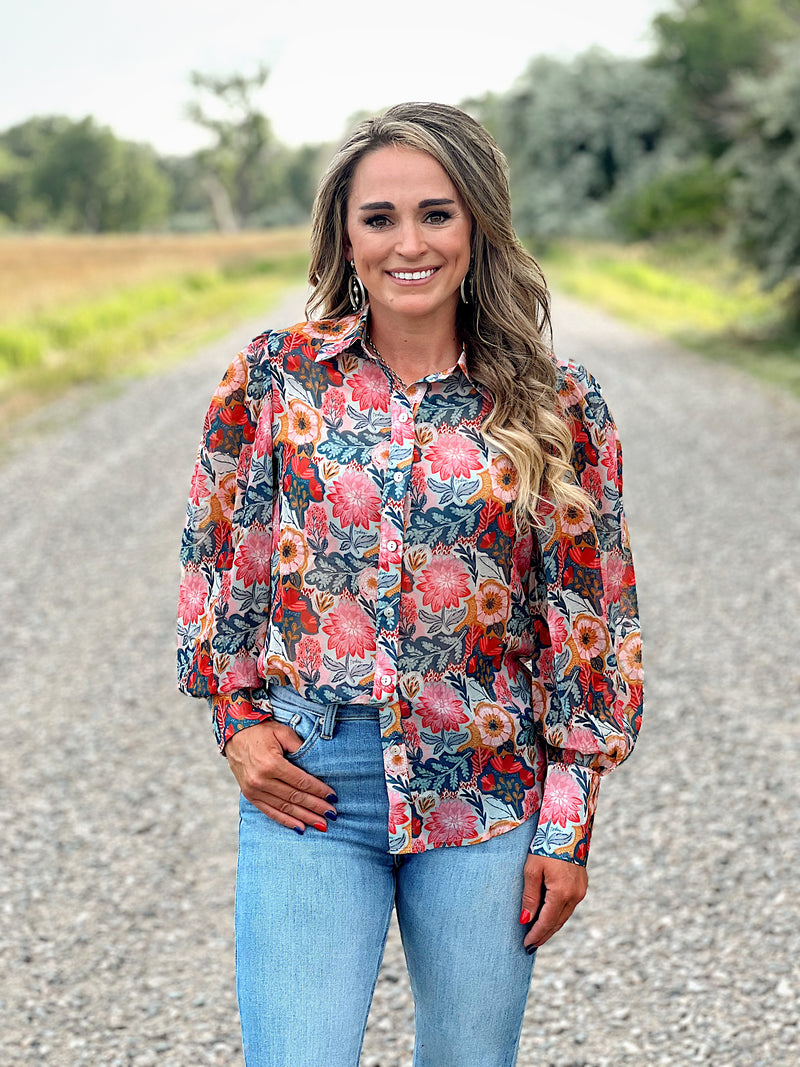 The Floral Mesh Button Up Top