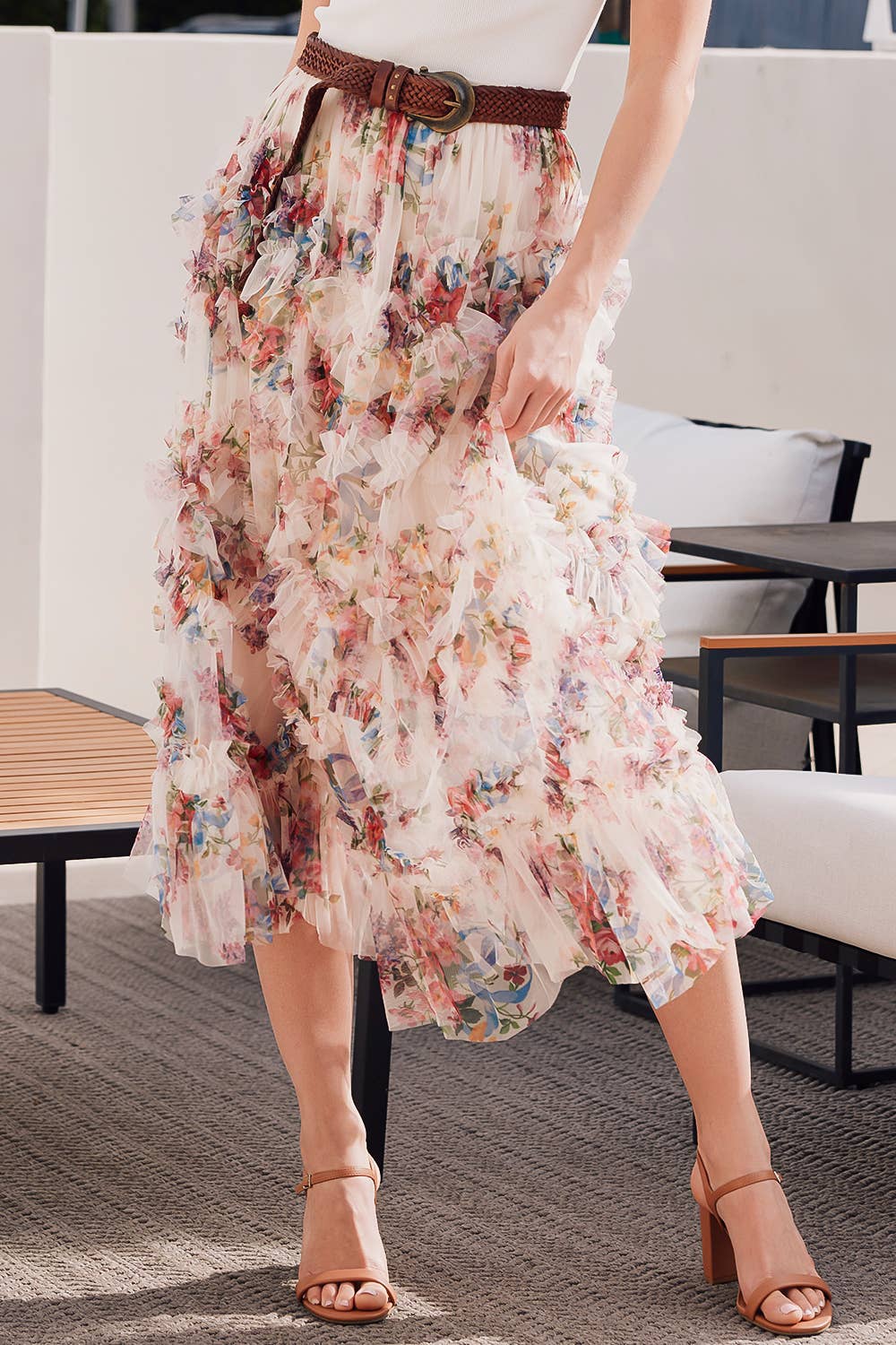 The Floral Mesh Ruffle Skirt