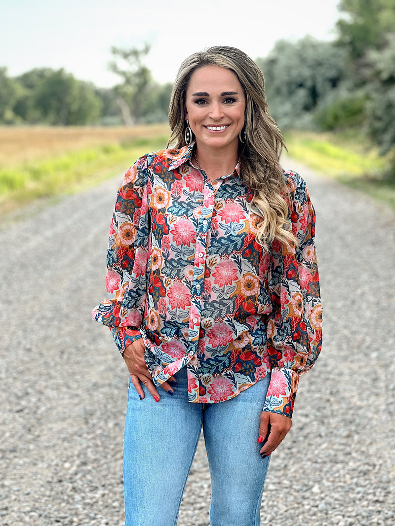 The Floral Mesh Button Up Top