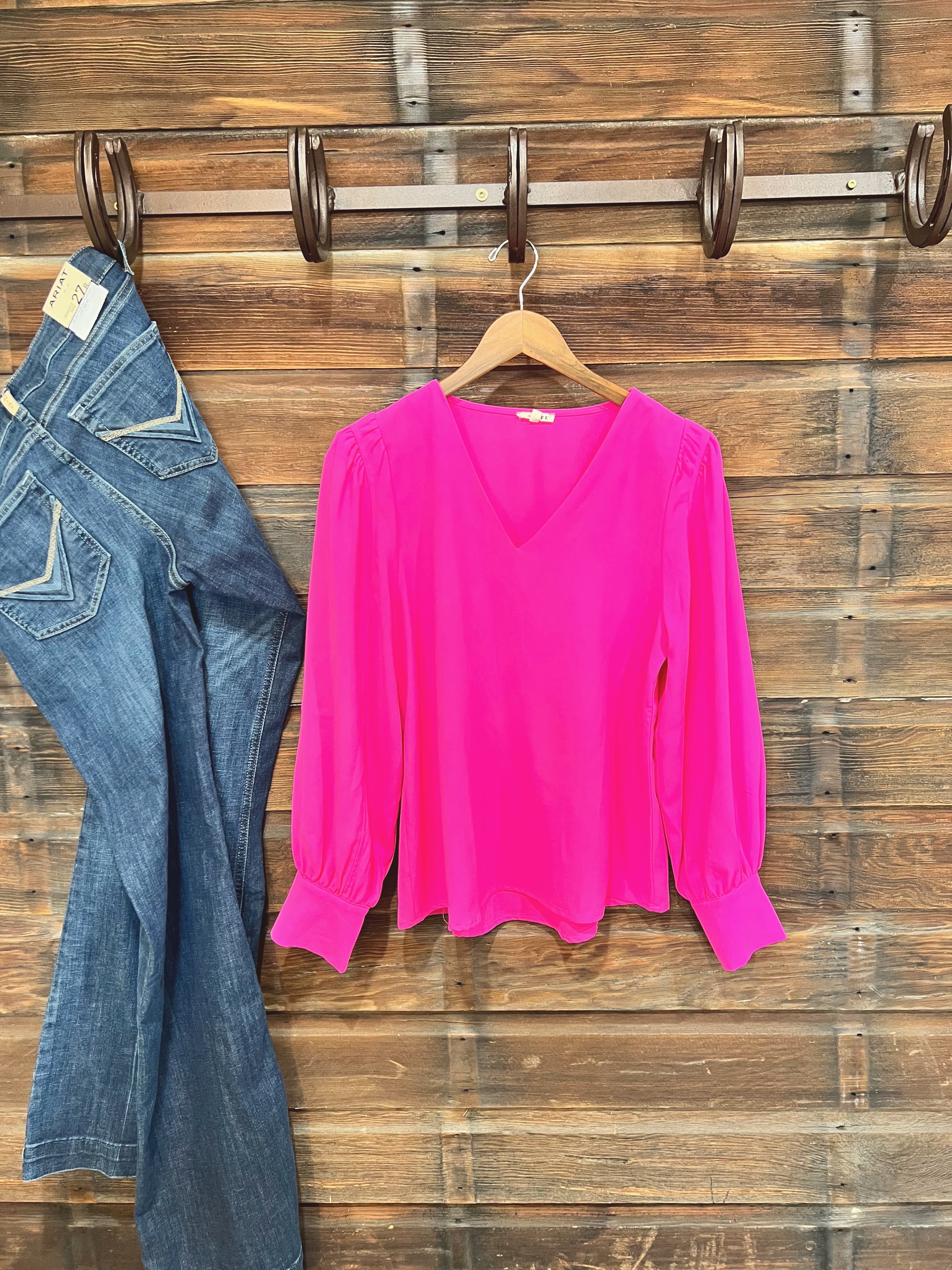 Kelli's Closet Hot Pink V Neck Long Sleeve