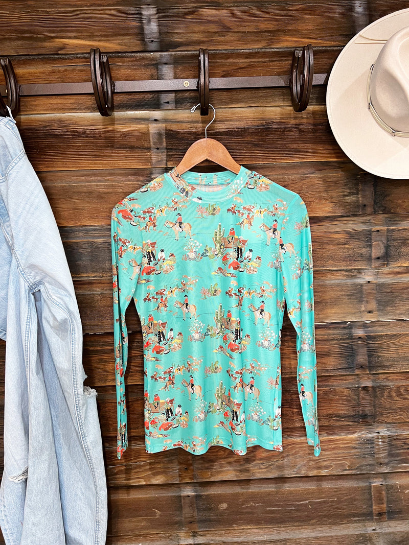 The Turquoise Western Mesh Top