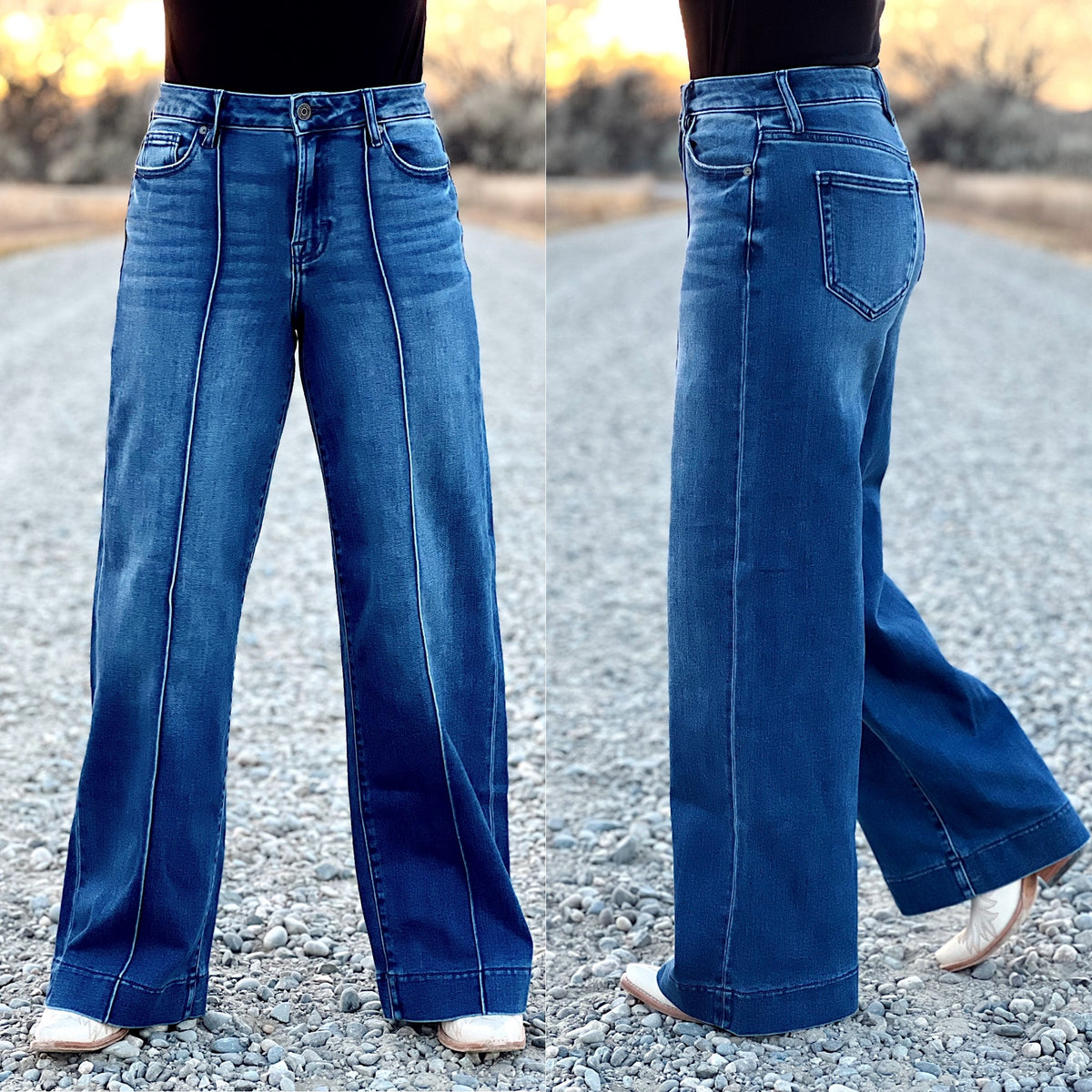 The Dark Wash Pintuck High Rise Wide Leg Jean