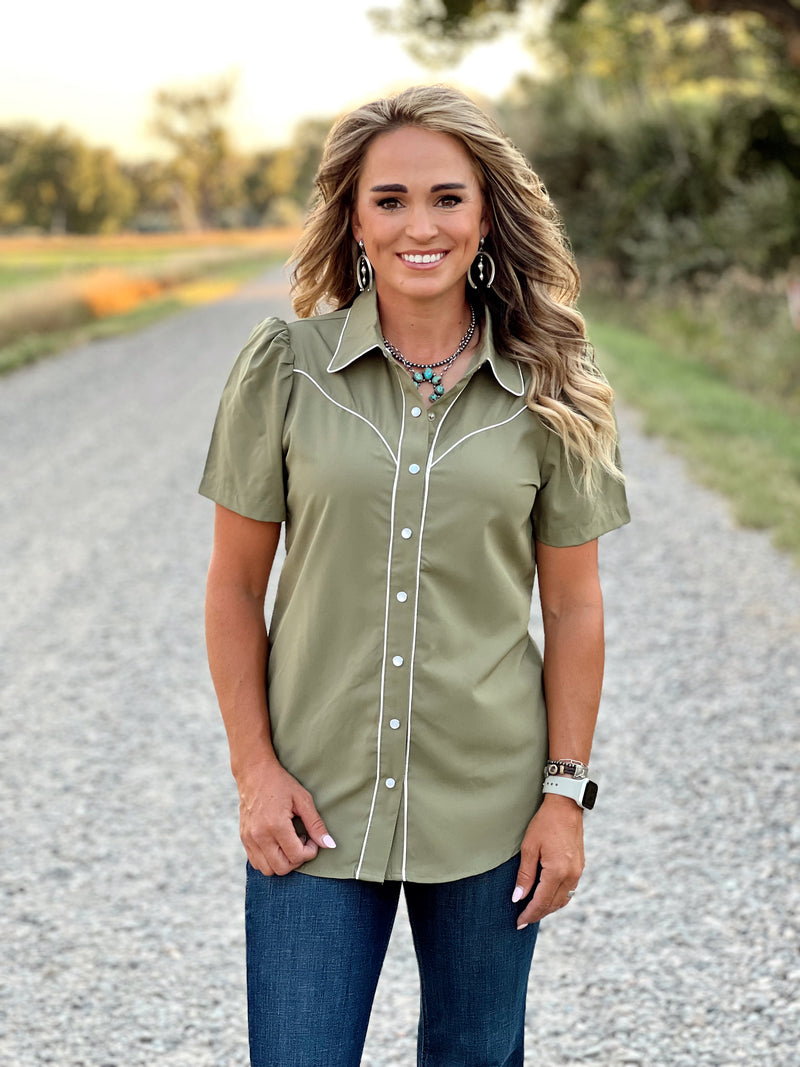 The Olive Pearl Snap Top