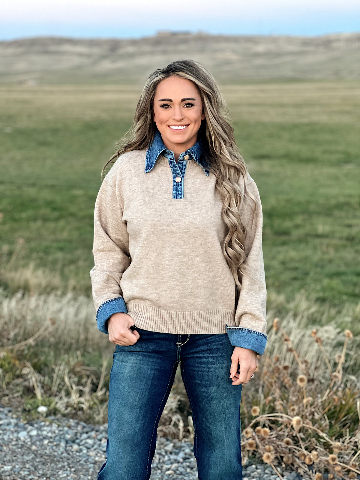The Denim Collar Sweater in Khaki