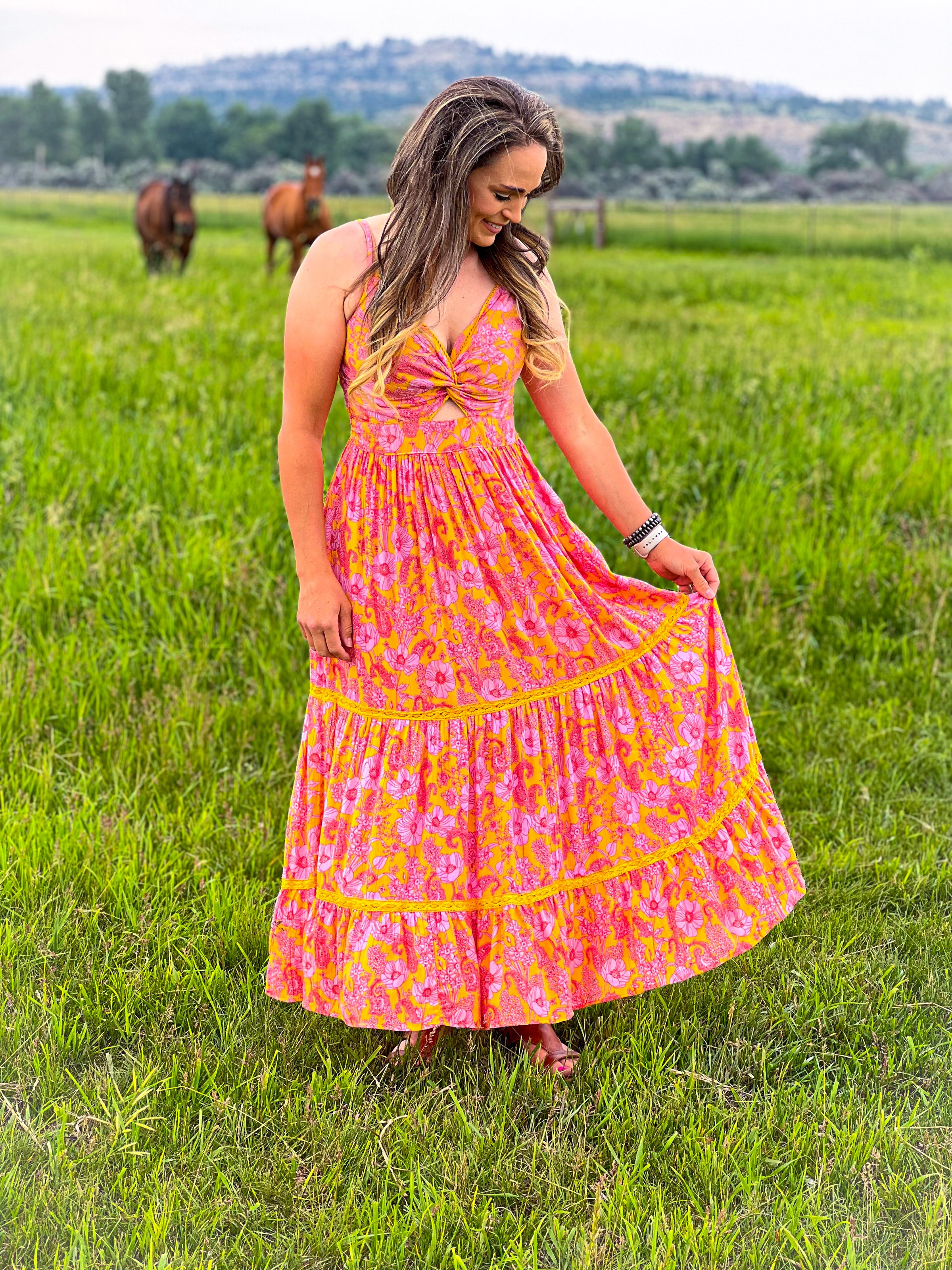 wild flower maxi dress Field of Wildflowers Retro Floral Open Back Maxi Dress