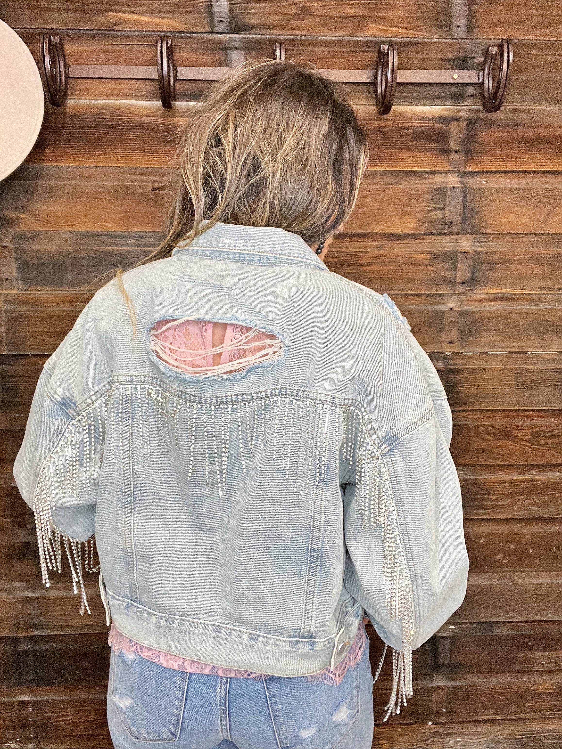 Denim jacket with 2024 rhinestone sleeve fringe